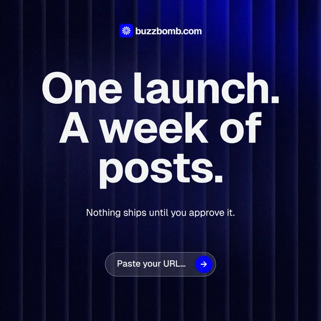 Instagram post for BuzzBomb: "One launch. A week of posts." Agentic glass style, centred layout, dark palette in black, blue, grey.
