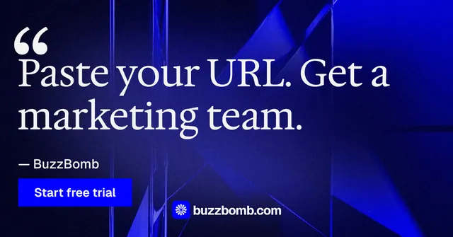 Social ad for BuzzBomb: "Spark some growth today." Swiss style, quote layout, dark palette in black, blue.