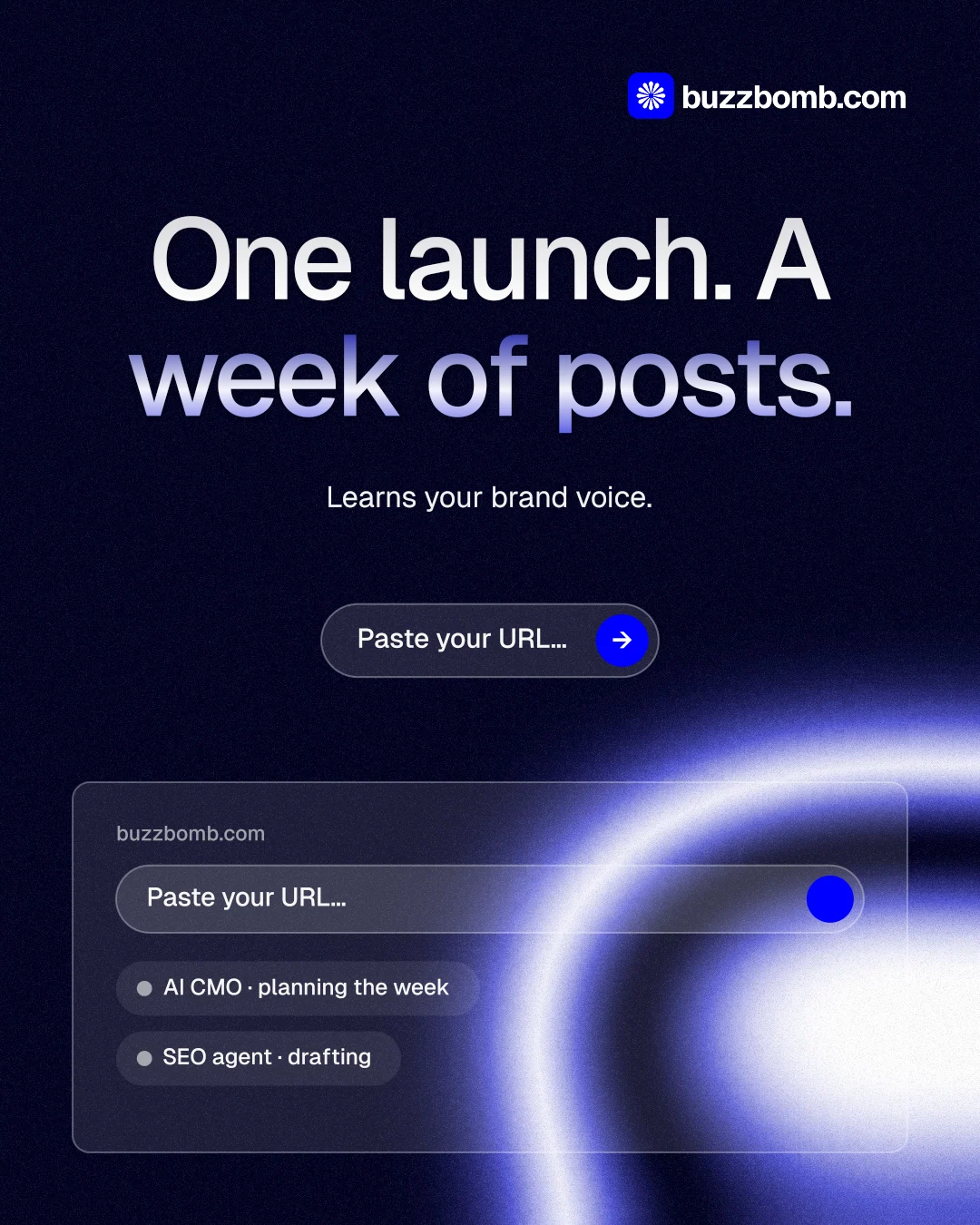 Instagram portrait post for BuzzBomb: "One launch. A week of posts." Agentic glass style, centred layout, dark palette in black, blue.
