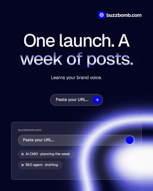 Instagram portrait post for BuzzBomb: "One launch. A week of posts." Agentic glass style, centred layout, dark palette in black, blue.