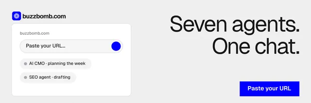 X header for BuzzBomb: "Seven agents. One chat." Swiss style, right layout, light palette in white, blue.