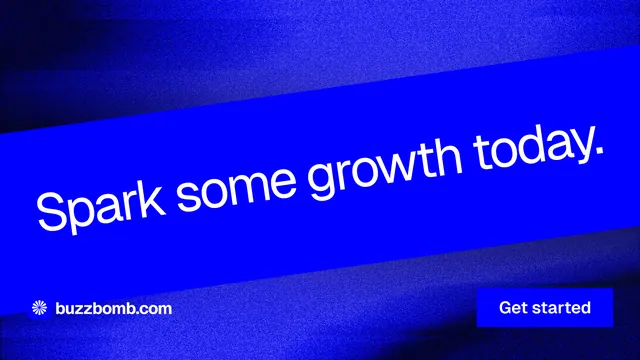 Landscape graphic for BuzzBomb: "Spark some growth today." Swiss style, diagonal layout, dark palette in blue.