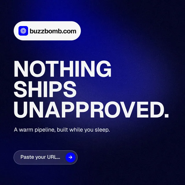 Instagram post for BuzzBomb: "Nothing ships unapproved." Agentic glass style, announce layout, dark palette in black, blue, grey.