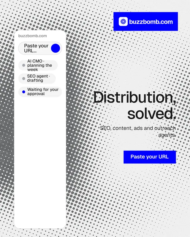 Instagram portrait post for BuzzBomb: "Distribution, solved." Split block style, right layout, light palette in white, blue.