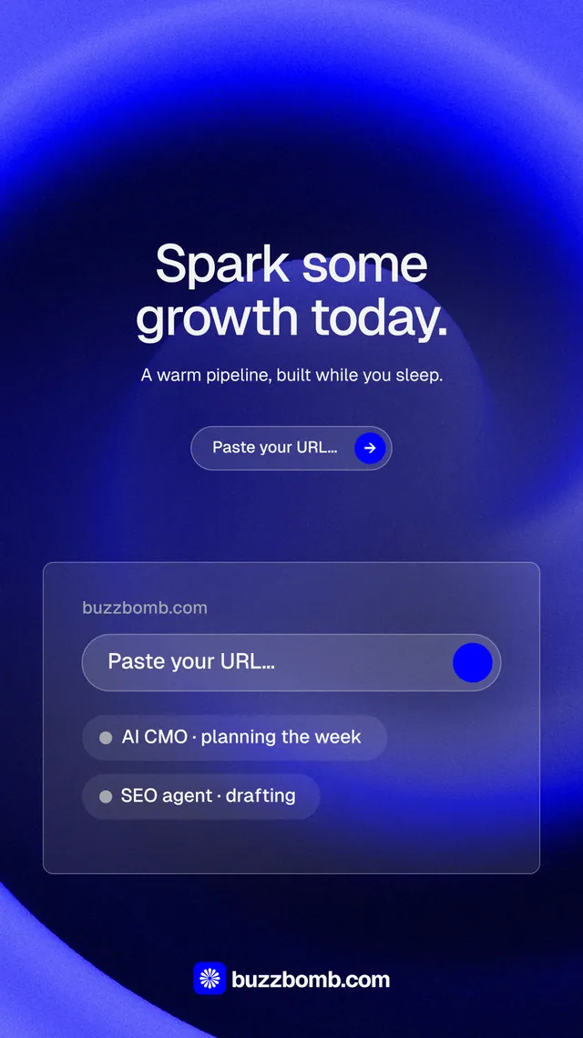 Instagram story for BuzzBomb: "Spark some growth today." Agentic glass style, centred layout, dark palette in blue.