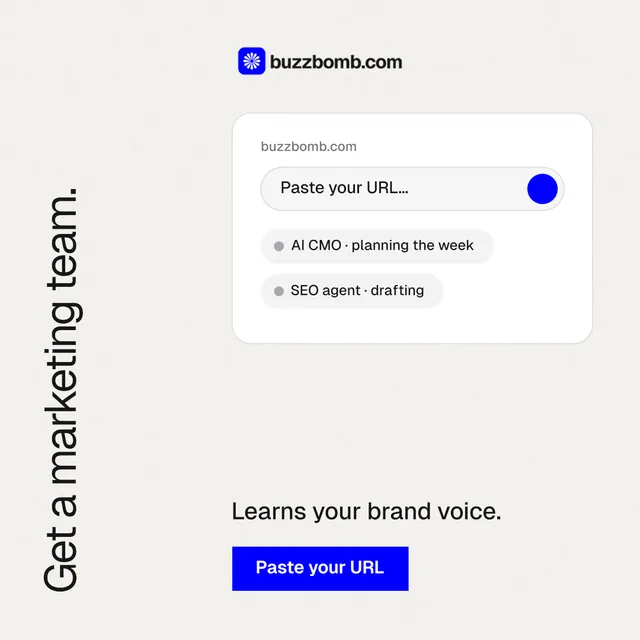 Instagram post for BuzzBomb: "Get a marketing team." Swiss style, vertical layout, light palette in white, blue.