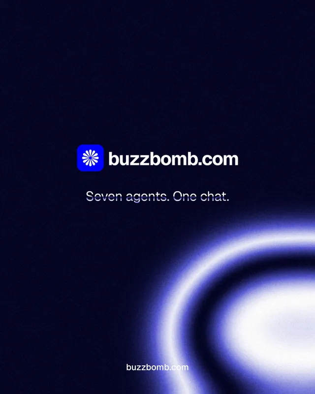 Instagram portrait post for BuzzBomb: "Seven agents. One chat." Agentic glass style, end card layout, dark palette in black, blue.