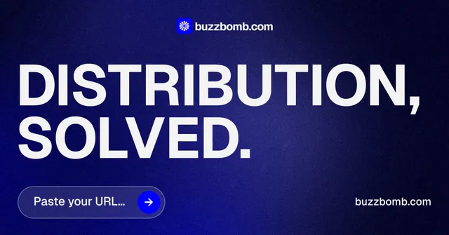 Social ad for BuzzBomb: "Distribution, solved." Agentic glass style, poster layout, dark palette in blue, black, white.