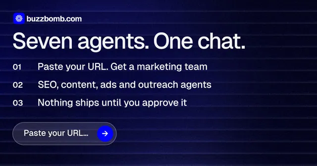 Social ad for BuzzBomb: "Seven agents. One chat." Agentic glass style, numbered layout, dark palette in black, blue, grey.