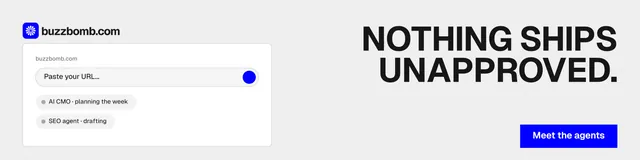 LinkedIn banner for BuzzBomb: "Nothing ships unapproved." Swiss style, right layout, light palette in white, grey.