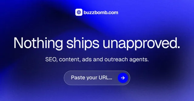 Social ad for BuzzBomb: "Nothing ships unapproved." Agentic glass style, skeleton layout, dark palette in blue.