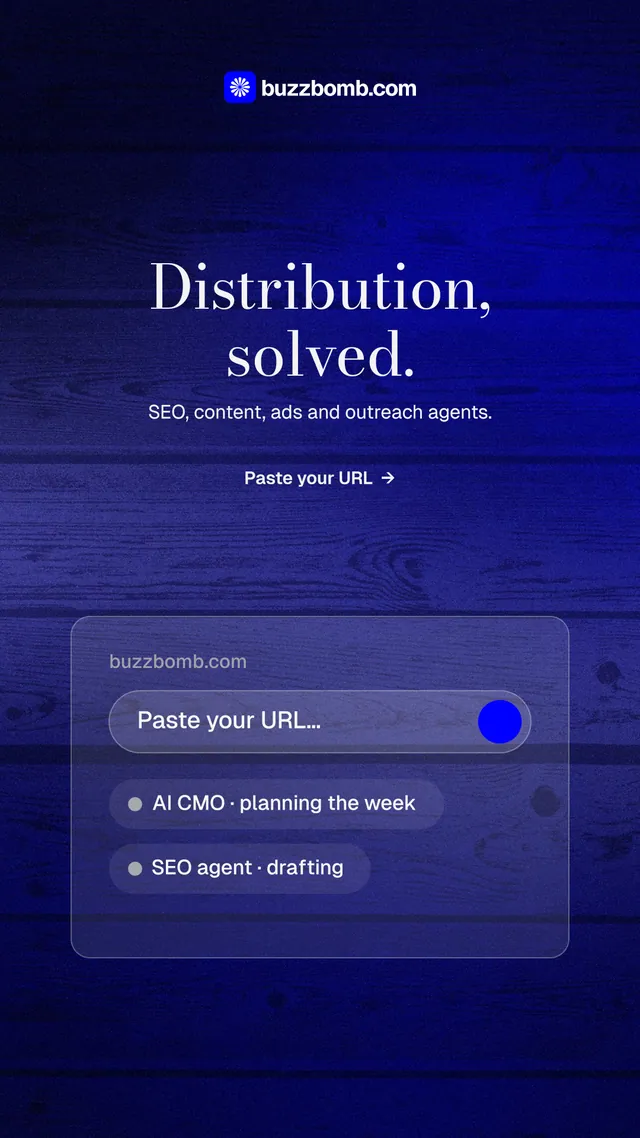 Instagram story for BuzzBomb: "Distribution, solved." Minimal luxury style, centred layout, dark palette in blue.