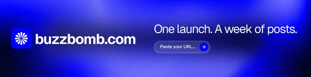 LinkedIn banner for BuzzBomb: "One launch. A week of posts." Agentic glass style, logo hero layout, dark palette in blue.