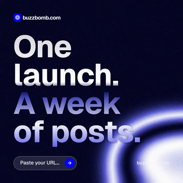 Instagram post for BuzzBomb: "One launch. A week of posts." Agentic glass style, poster layout, dark palette in black, blue.