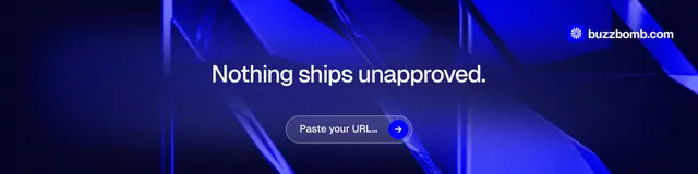 LinkedIn banner for BuzzBomb: "Nothing ships unapproved." Agentic glass style, centred layout, dark palette in black, blue.