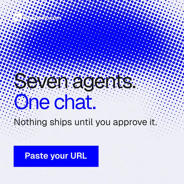 Instagram post for BuzzBomb: "Seven agents. One chat." Swiss style, skeleton layout, light palette in blue, white.