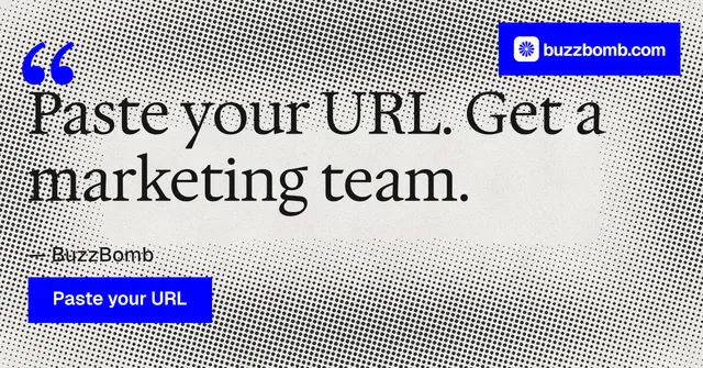 Social ad for BuzzBomb: "Distribution, solved." Swiss style, quote layout, light palette in white, grey, blue.