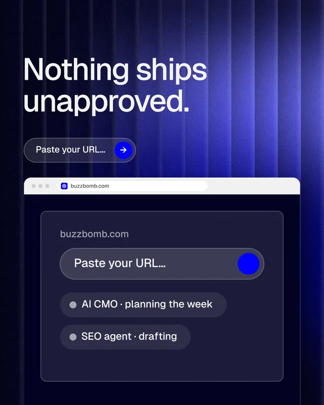 Instagram portrait post for BuzzBomb: "Nothing ships unapproved." Agentic glass style, browser layout, dark palette in blue, black, grey.