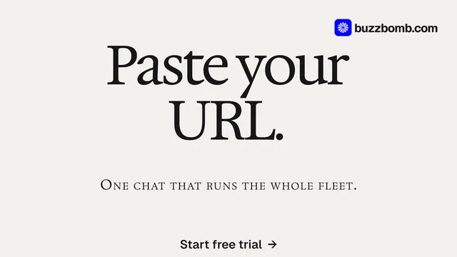 Landscape graphic for BuzzBomb: "Paste your URL." Swiss style, smallcaps layout, light palette in white.