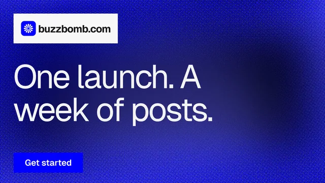 Landscape graphic for BuzzBomb: "One launch. A week of posts." Swiss style, announce layout, dark palette in blue.