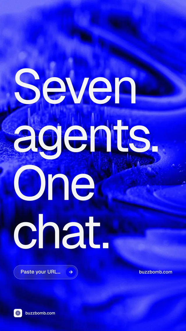 Instagram story for BuzzBomb: "Seven agents. One chat." Agentic glass style, poster layout, dark palette in blue.