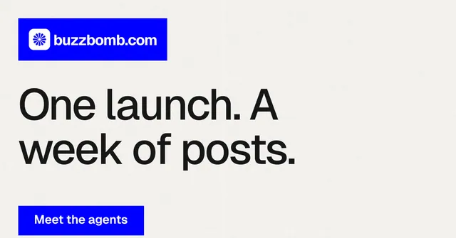 Social ad for BuzzBomb: "One launch. A week of posts." Swiss style, announce layout, light palette in white, blue.