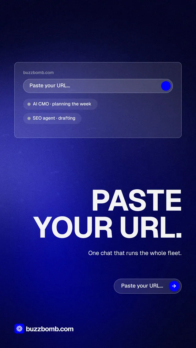 Instagram story for BuzzBomb: "Paste your URL." Agentic glass style, right layout, dark palette in black, blue.