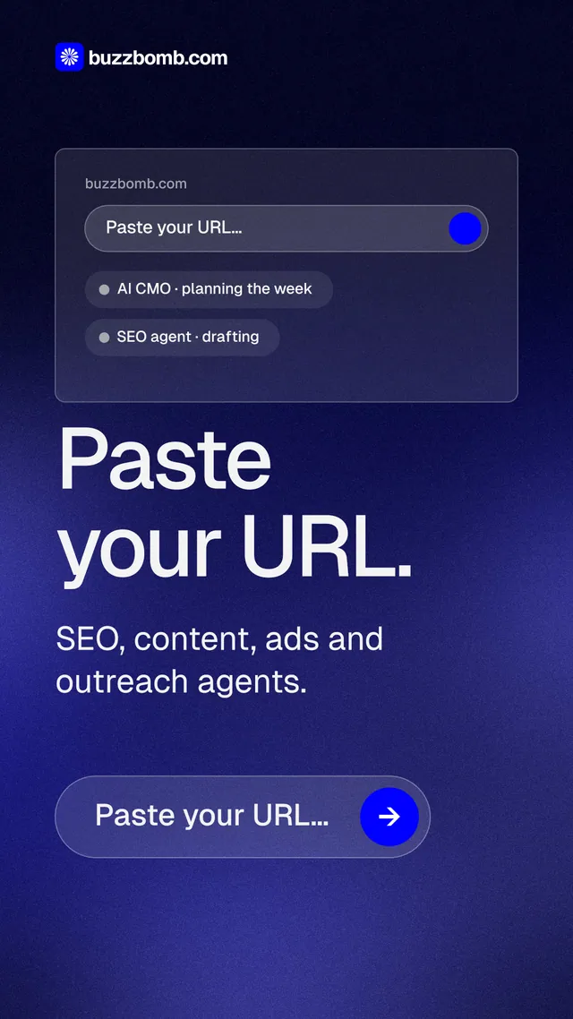 Instagram story for BuzzBomb: "Paste your URL." Agentic glass style, skeleton layout, dark palette in blue, black.