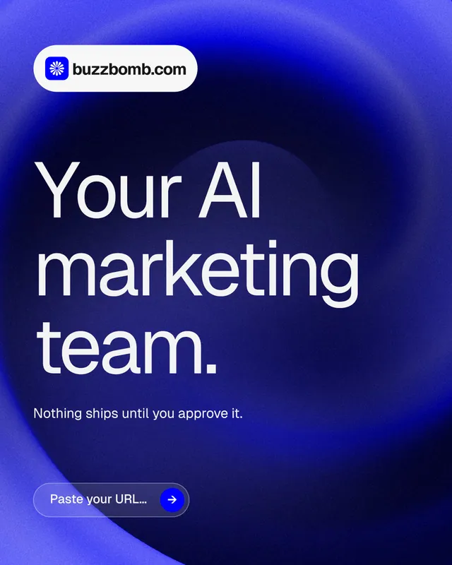 Instagram portrait post for BuzzBomb: "Your AI marketing team." Agentic glass style, announce layout, dark palette in blue.