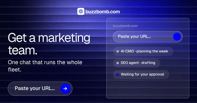 Social ad for BuzzBomb: "Get a marketing team." Agentic glass style, bottom layout, dark palette in black, blue.