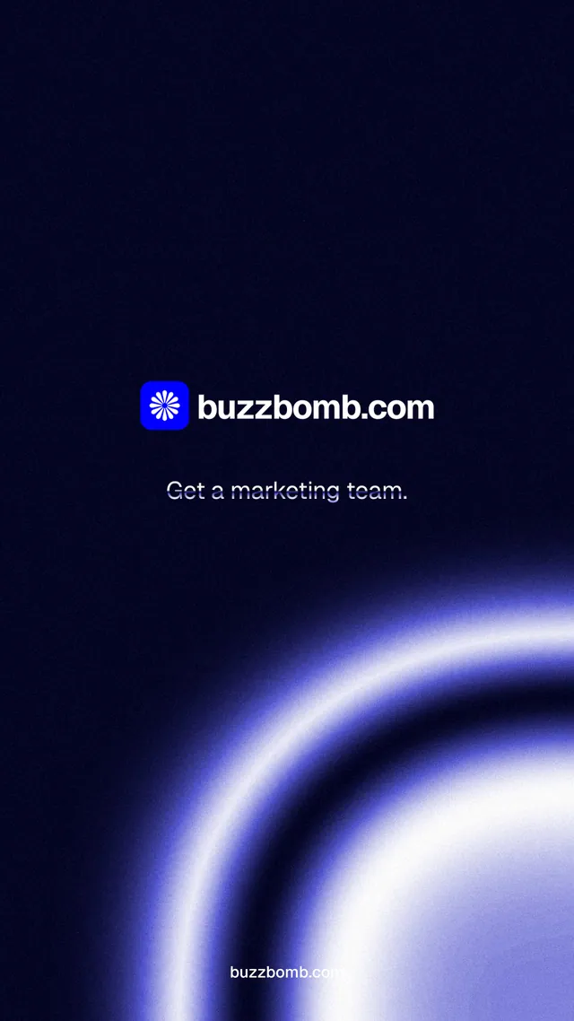 Instagram story for BuzzBomb: "Get a marketing team." Agentic glass style, end card layout, dark palette in black, blue.
