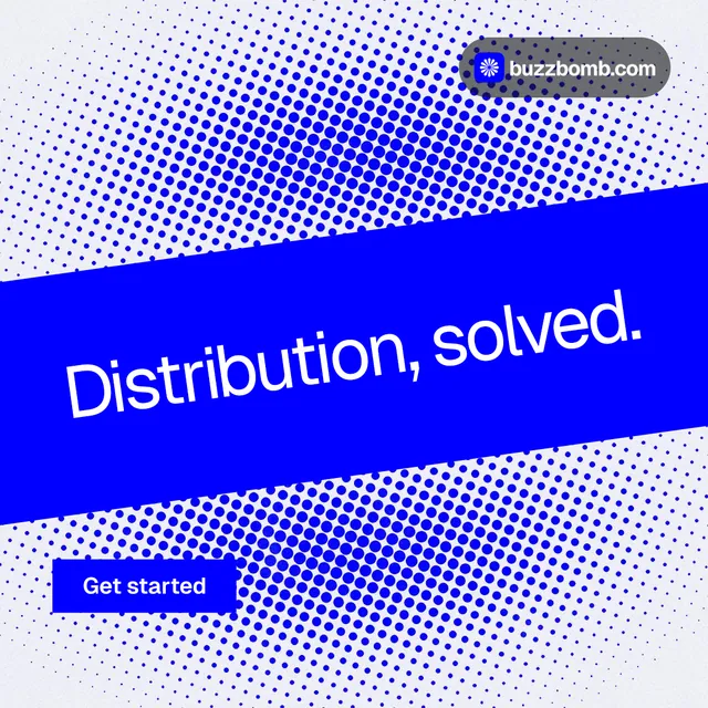 Instagram post for BuzzBomb: "Distribution, solved." Swiss style, diagonal layout, light palette in blue, white.