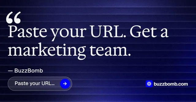 Social ad for BuzzBomb: "Seven agents. One chat." Agentic glass style, quote layout, dark palette in black, blue, grey.