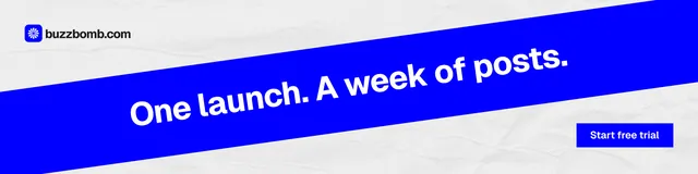 LinkedIn banner for BuzzBomb: "One launch. A week of posts." Swiss style, diagonal layout, light palette in blue, white.
