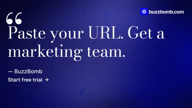 Landscape graphic for BuzzBomb: "Get a marketing team." Minimal luxury style, quote layout, dark palette in blue.