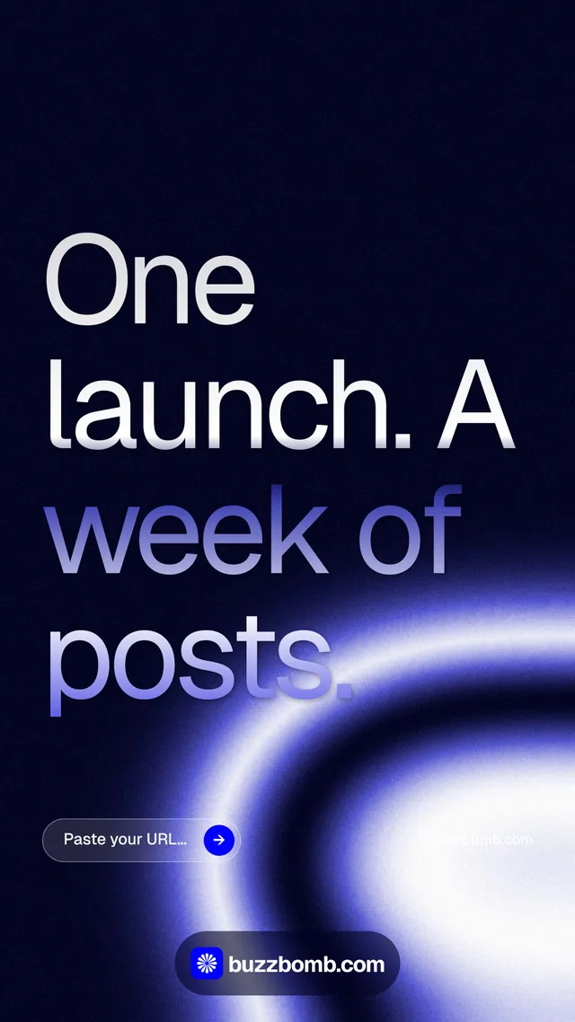 Instagram story for BuzzBomb: "One launch. A week of posts." Agentic glass style, poster layout, dark palette in black, blue.