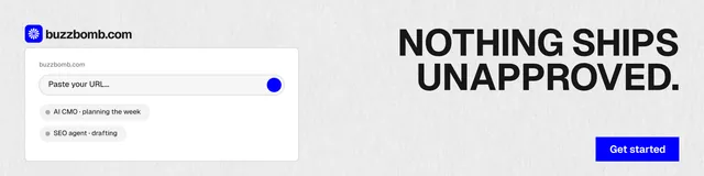 LinkedIn banner for BuzzBomb: "Nothing ships unapproved." Swiss style, right layout, light palette in white, grey.