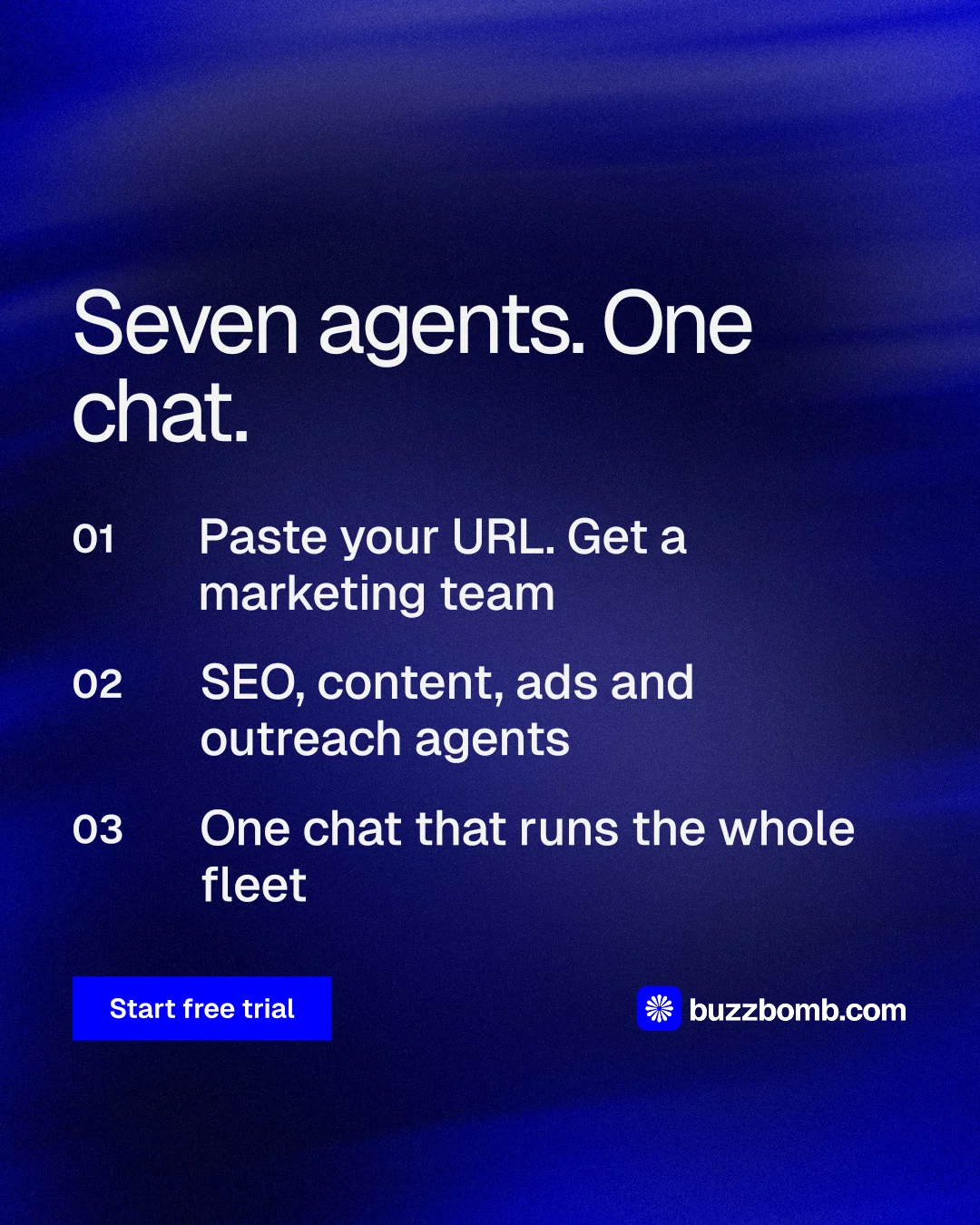 Instagram portrait post for BuzzBomb: "Seven agents. One chat." Swiss style, numbered layout, dark palette in blue.