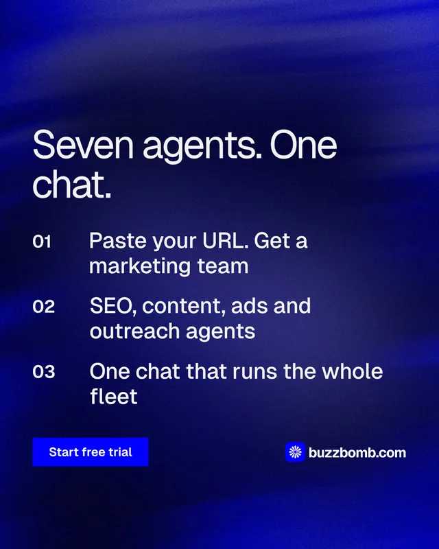 Instagram portrait post for BuzzBomb: "Seven agents. One chat." Swiss style, numbered layout, dark palette in blue.