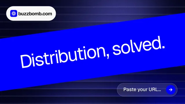 Landscape graphic for BuzzBomb: "Distribution, solved." Agentic glass style, diagonal layout, dark palette in blue.
