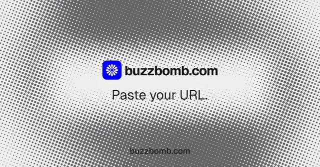Social ad for BuzzBomb: "Paste your URL." Swiss style, end card layout, light palette in grey, white.