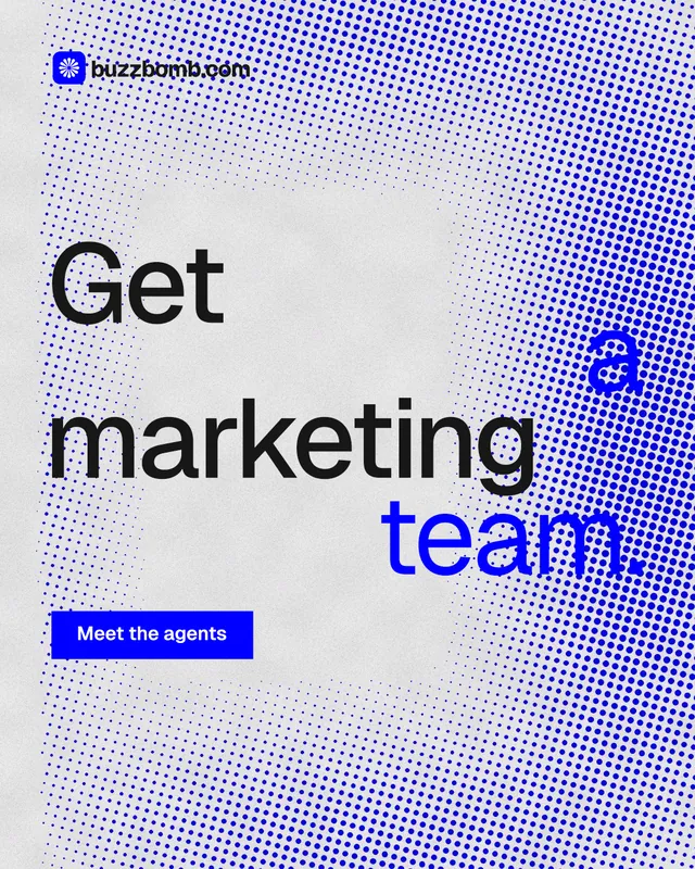 Instagram portrait post for BuzzBomb: "Get a marketing team." Swiss style, stacked layout, light palette in blue, white.