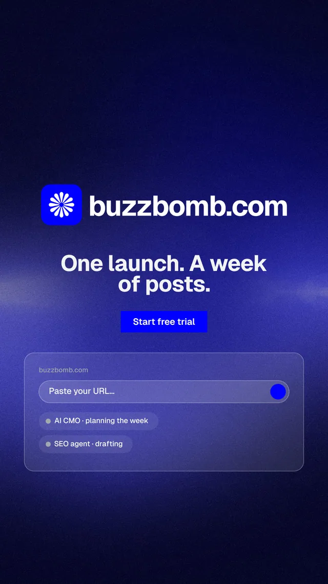 Instagram story for BuzzBomb: "One launch. A week of posts." Swiss style, logo hero layout, dark palette in black, blue.
