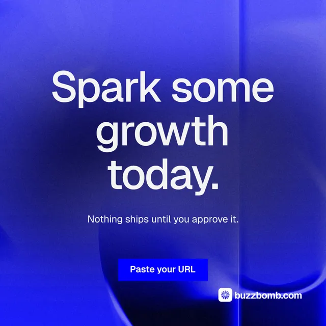 Instagram post for BuzzBomb: "Spark some growth today." Swiss style, centred layout, dark palette in blue.