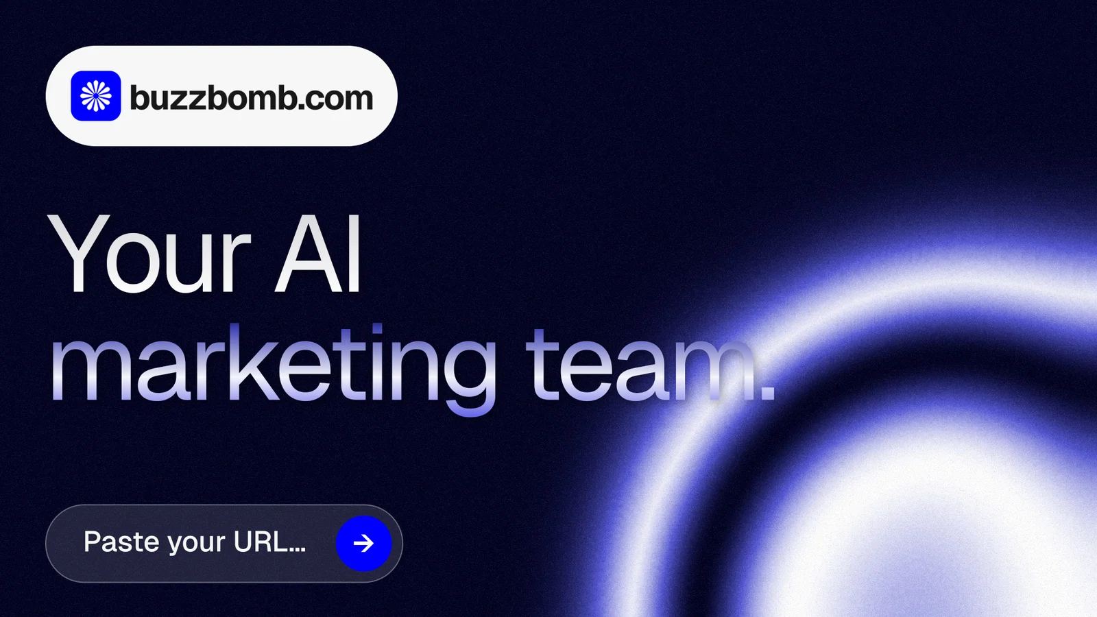Landscape graphic for BuzzBomb: "Your AI marketing team." Agentic glass style, announce layout, dark palette in black, blue.