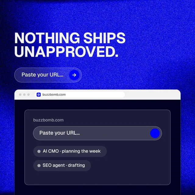Instagram post for BuzzBomb: "Nothing ships unapproved." Agentic glass style, browser layout, dark palette in blue.