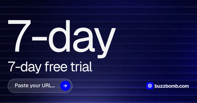 Social ad for BuzzBomb: "Get a marketing team." Agentic glass style, stat layout, dark palette in blue, black, grey.