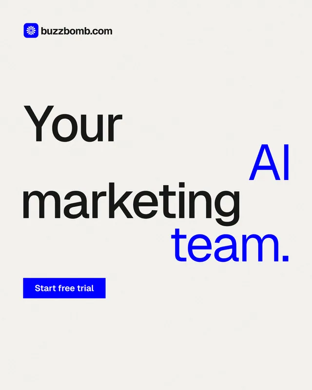 Instagram portrait post for BuzzBomb: "Your AI marketing team." Swiss style, stacked layout, light palette in white, blue.