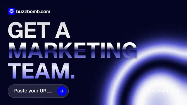 Landscape graphic for BuzzBomb: "Get a marketing team." Agentic glass style, poster layout, dark palette in black, blue.