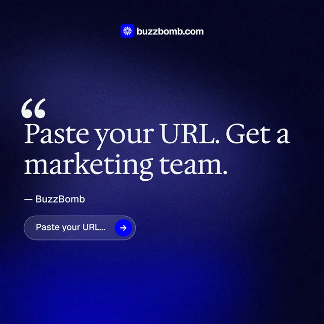 Instagram post for BuzzBomb: "Distribution, solved." Agentic glass style, quote layout, dark palette in black, blue.